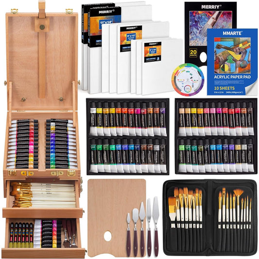 MERRIY 80 Piece Acrylic Paint Set Artist Painting Supplies Kit with Tabletop Sketch Box Easel, 48 Colors of Acrylic Paint, 11" x 14" Stretched Canvas and More, Premium Acrylic Painting Set for Adults