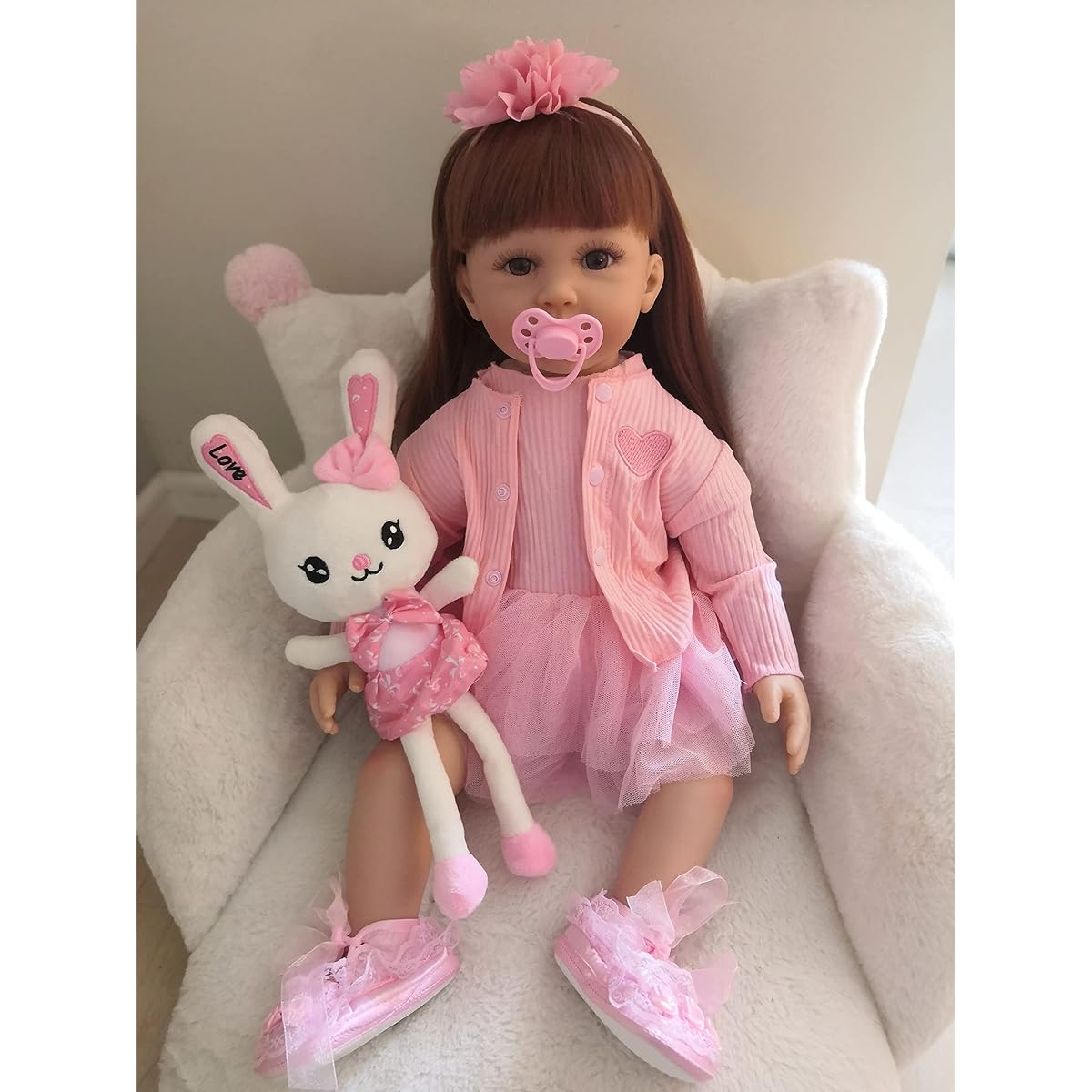 RXDOLL 24inch 60cm Realistic Reborn Doll Toddler Super Cute Princess Girl with Pink Dress and Hairband for Boys Girls Birthday Christmas Gift Age 3+