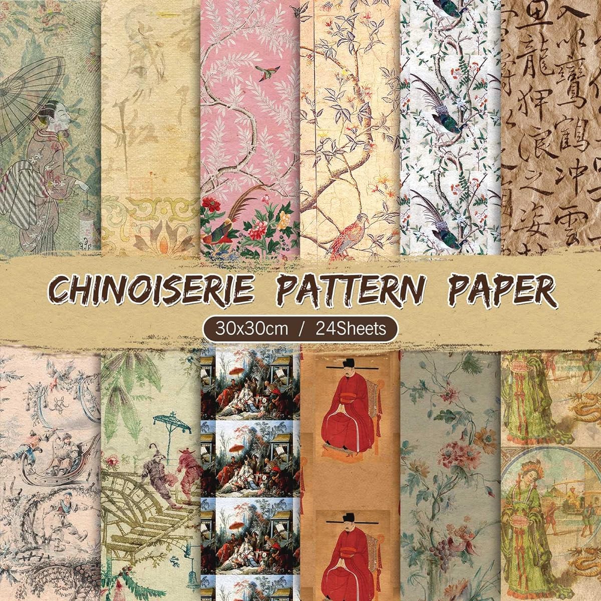 Whaline 24 Sheets Chinoiserie Pattern Paper 30 x 30cm Traditional Chinese Painting Theme Scrapbook Paper Double Sided Decorative Kraft Paper Folds Flat DIY Background Card Making Supplies 12 Designs
