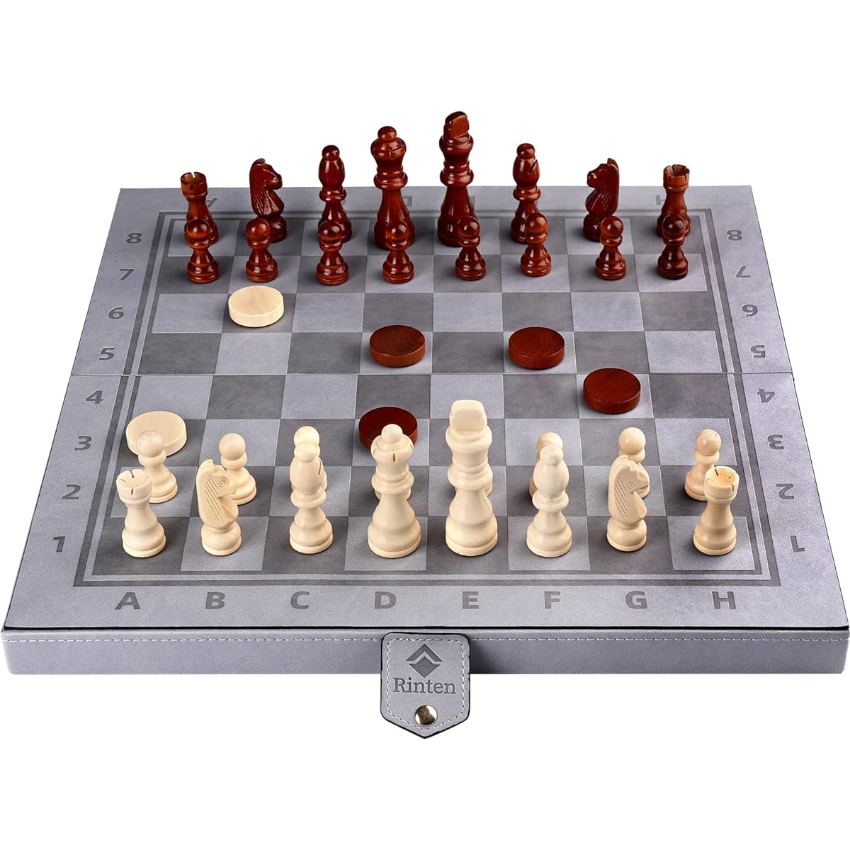 Rinten 15" Magnetic Chess Set Leather Board Game Set for Kids Adults Travel Chess Board Checkers Set 2 in 1 Tournament Pro Beginner