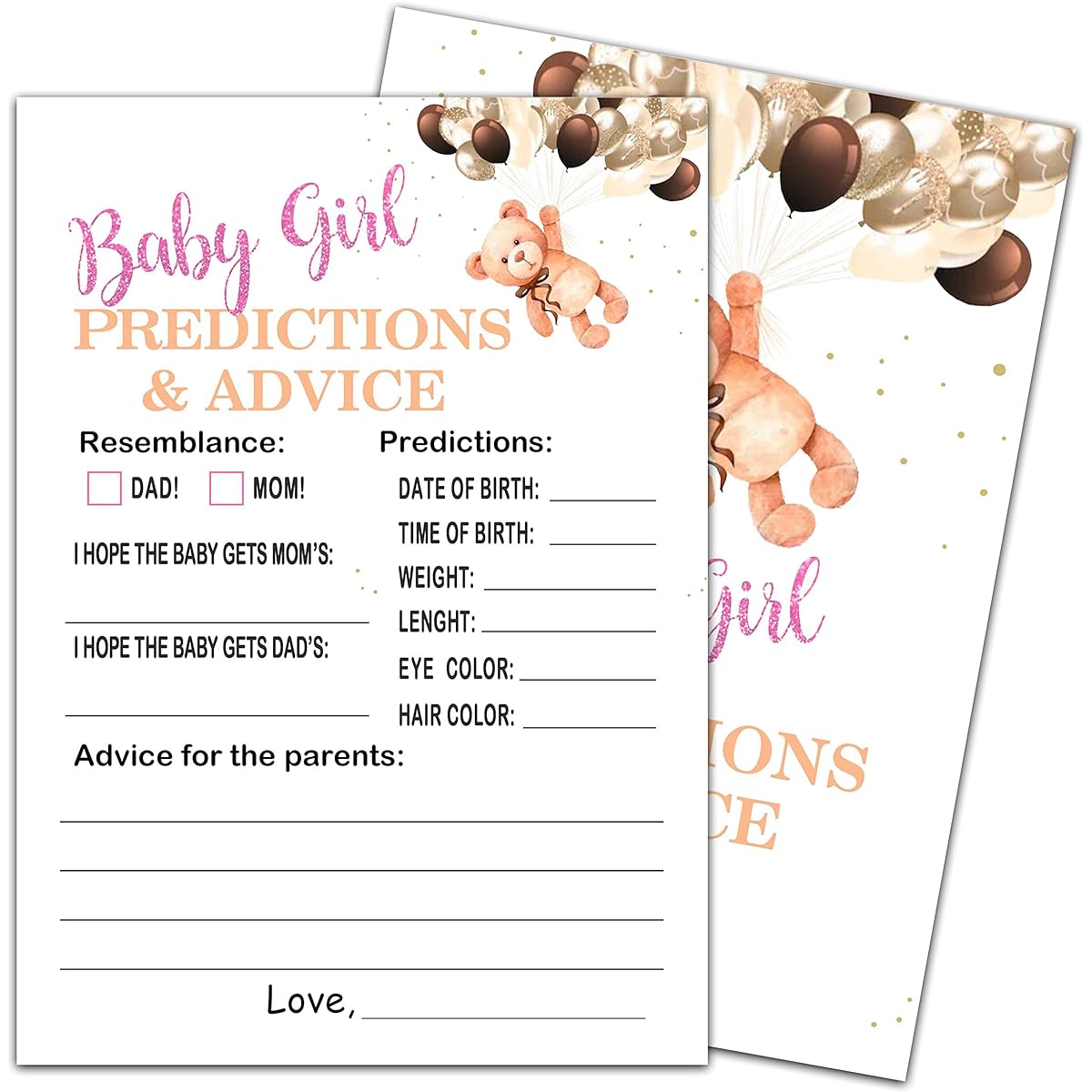 Baby Girl Prediction & Advice Baby Shower, Little Bear Predict Newborn Kids Game, New Parents Message Advice Book Mommy Daddy to Be Favors Party Favors Supplies Decorations-30 Game Cards(bb012-yx15)
