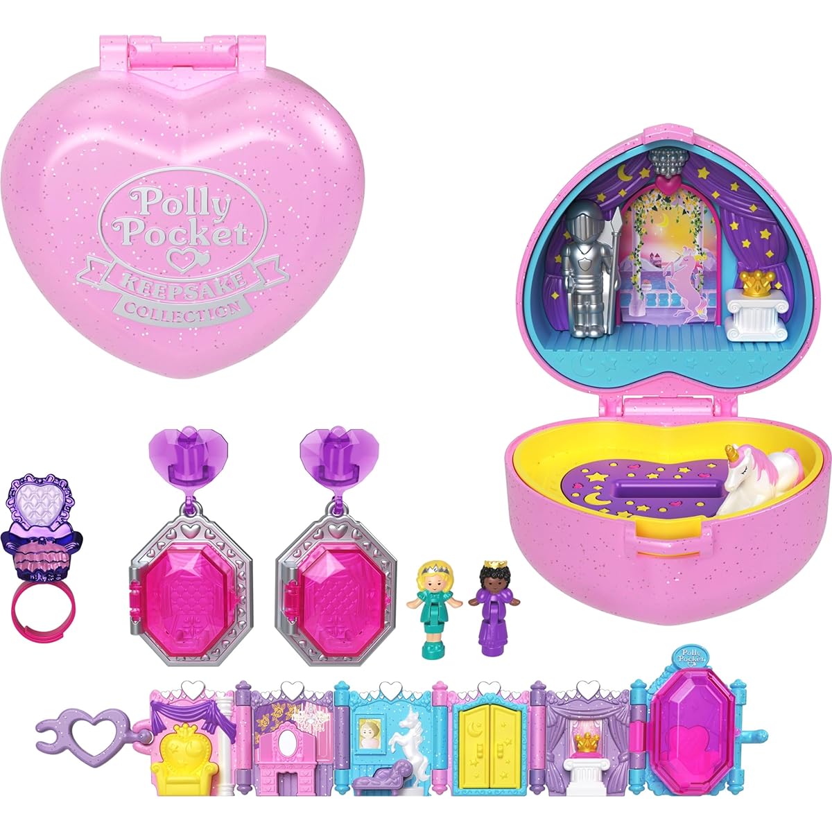 Polly Pocket Keepsake Collection Royal Ball Jewelry Set Unicorn Castle Theme 2 Dolls Ring & Ring Box Earrings Bracelet Ages 4+