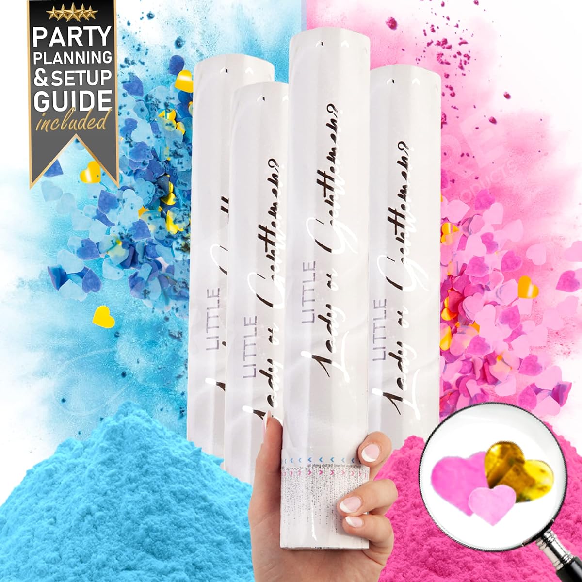 of 4 - Biodegradable Gender Reveal Powder Cannon and Heart Shaped Blue & Pink Confetti Cannon | Gender Reveal Ideas Boy or Girl Gender Reveal Popper Smoke Gender Reveal Cannon | Gender Reveal Smoke Bombs and Confetti | Gender Reveal Popper Pink and Blue