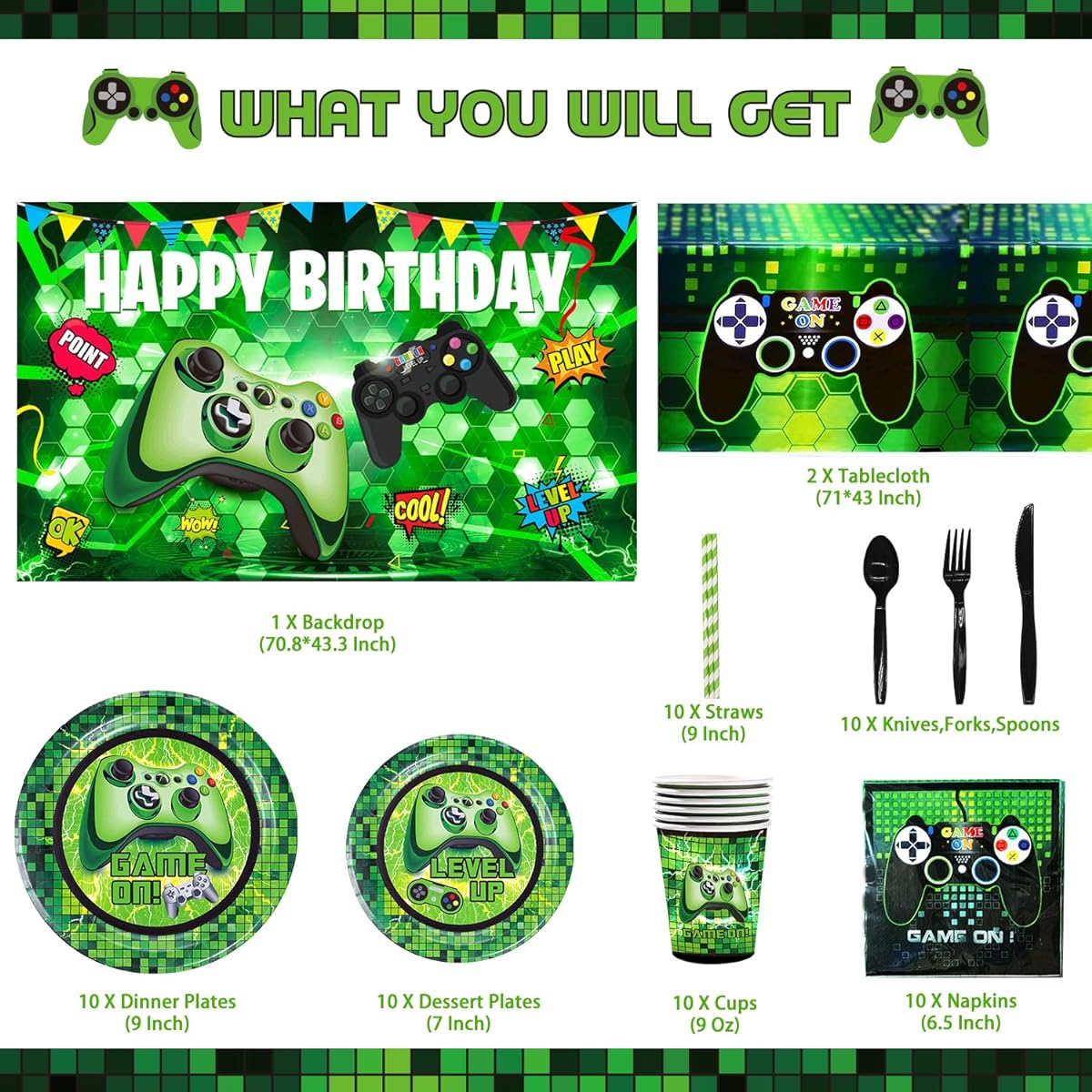 Green Video Game Party Supplies - 212 Pieces Gamer Game Party Decorations for Boys Birthday Party - Table Covers Plates Cups Napkins Utensils Hanging Swirls Birthday Banner Cupcake Toppers & Balloons Serves 10