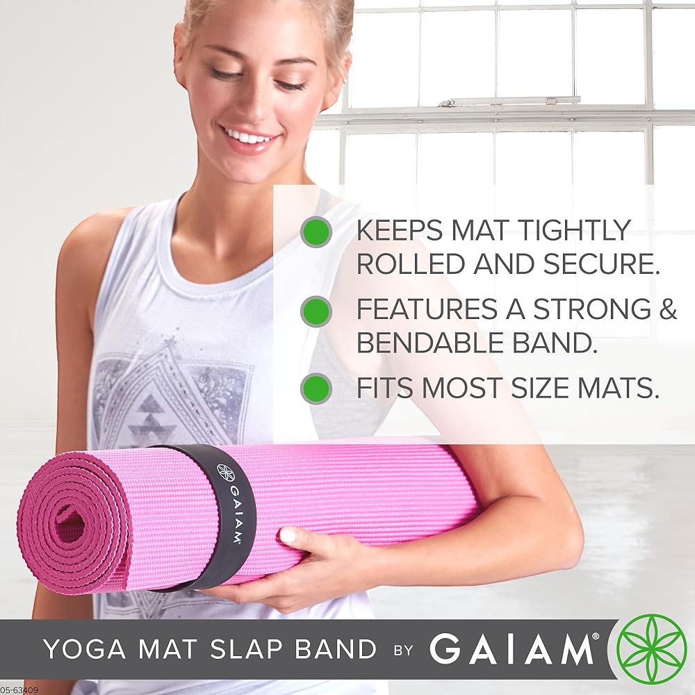 Gaiam Yoga Mat Strap Slap Band - Wrap your mat tightly and keep it safe. Fits most size mats (20" L x 1.5" W) Black