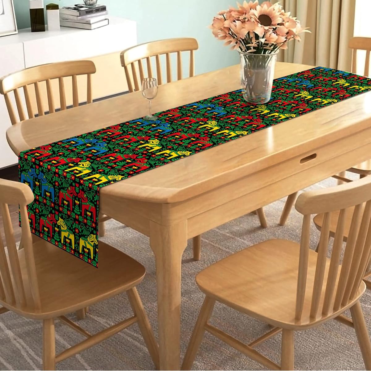 Nepnuser Swedish Dala Horse Fork Table Runner Scandinavian Gift Swedish Decor Rustic Home Kitchen Dining Room Table Decor 72 Inch