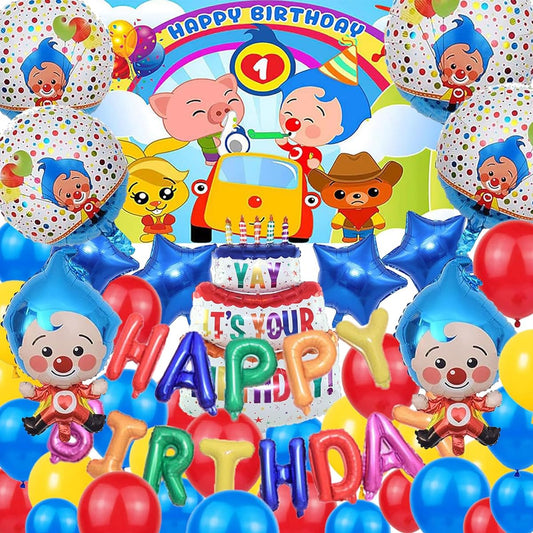 64 Pieces Purim Purim Birthday Party Supplies All in One Pack Happy Birthday Balloon Banner Clown Foil Balloon Purim Background Star Balloon etc. Purim Party Decoration Baby Kids (A)