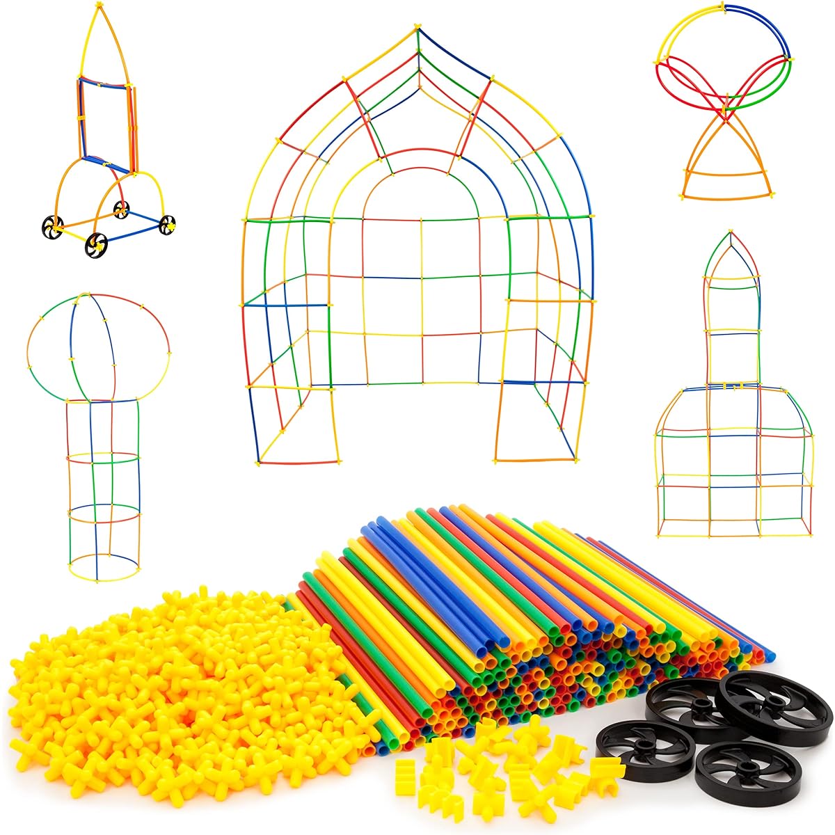 PicassoTiles 600 Pieces Building Toy Straw Building Set, Kids STEM Learning Interlocking Building Toys, Creative Straw Interlocking Builder Kit, Early Learning Kit for Kids, Ages 6+ Boys and Girls, PTS600, Multicolor