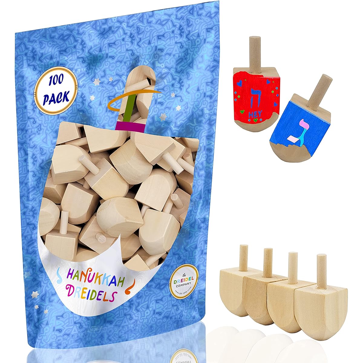 Hanukkah Wood Drydells 1.5 Inch Unfinished Natural Wooden Hanukkah Drydells (Pack of 100)