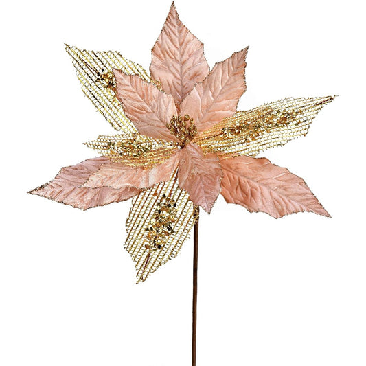 Vickerman Poinsettia Mesh Glitter Artificial Spray Christmas Decorations, 13 Inch, Rose Gold, 6 Pieces