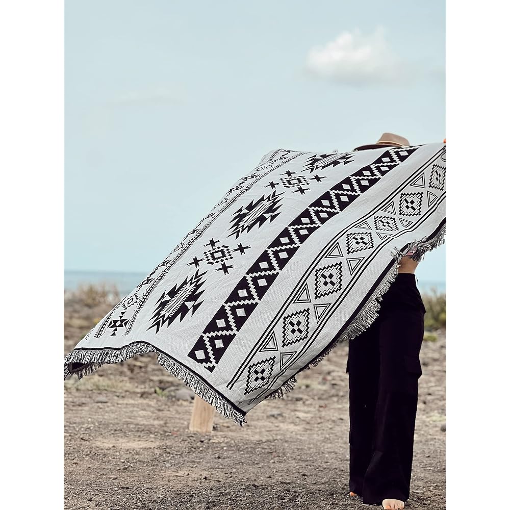 Peel Forest Ortega Mexican American Geometric Pattern Blanket Camping Outdoor Towel Blanket, Rug Stylish Black and White, Moroccan, West Coast Interior, 130X160cm ……………