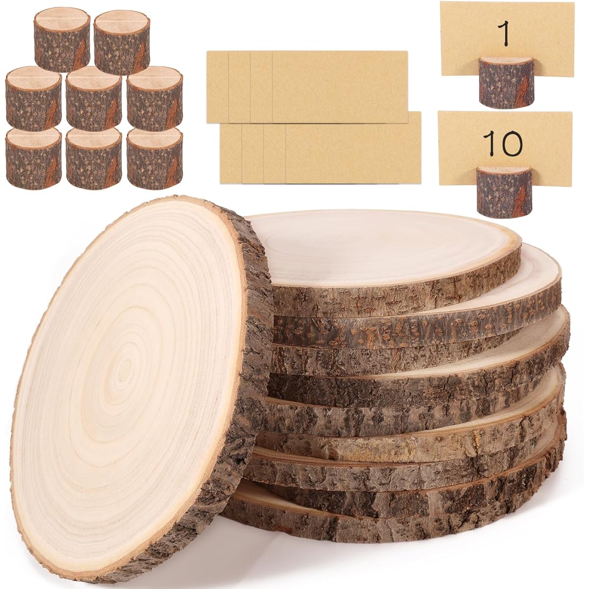 Caydo 10 Pieces 10-11 Inch Wood Slices for Centerpieces, 10 Wood Table Number Holders, 10 Cards, Wedding Table Centerpieces, Baby Shower, Party Decorations