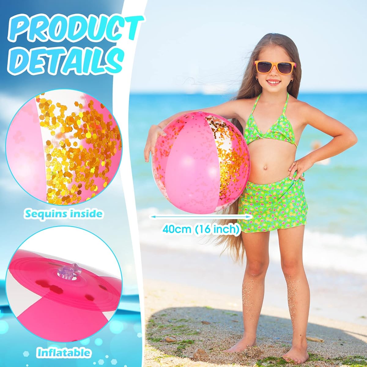 20 Pack Glitter Beach Balls Bulk 16 Inch Beach Sand Balls Swimming Pool Party Beach Balls Pink Inflatable Beach Toys Jumbo Confetti Beach Balls for Teens/Adults Summer Beach/Pool Party Supplies