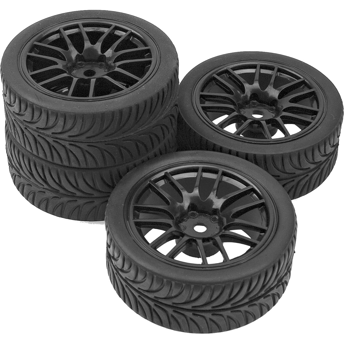HIRCQOO OD 2.55 Inch Rubber Tire & Plastic Wheel Rim 12mm Hex Hub HSP Tamiya HPI Kyosho Redcat ExceedRC 1/10 On-Road Touring Car WLtoys 1/14 144001 Compatible with RC Buggy (Black)