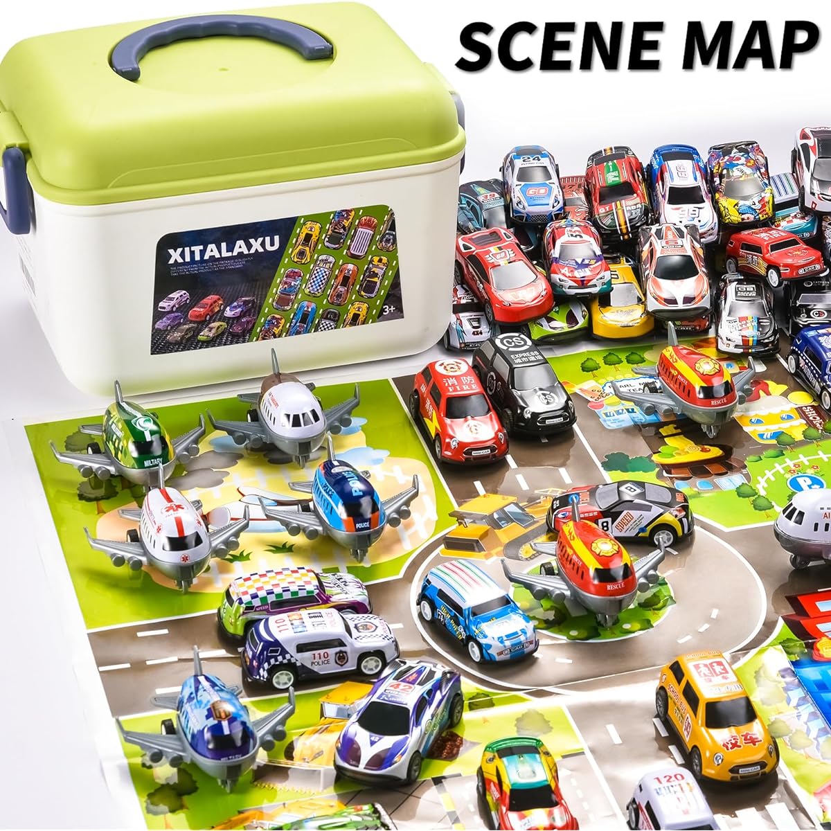 XITALAXU Pull Back Race Car Toys with Storage Box, Alloy Diecast Race Push & Pull Back Cars Friction Powered Cars & Planes Bulk for 3 4 5 6 7 Year Old Kids, Great Gift for Boys and Girls (69 Pieces)