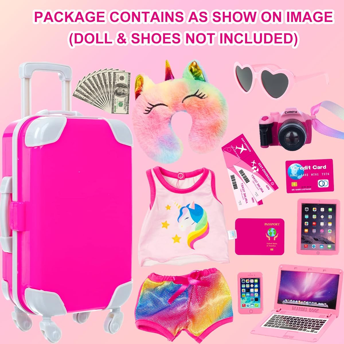 XFEYUE 23 Pieces 18 Inch Doll Clothes and Accessories - Suitcase Luggage Pillow Sunglasses Camera Passport Cell Phone Computer Doll Travel Gear Playset Fits 18 Inch Girl Doll (Without Doll)