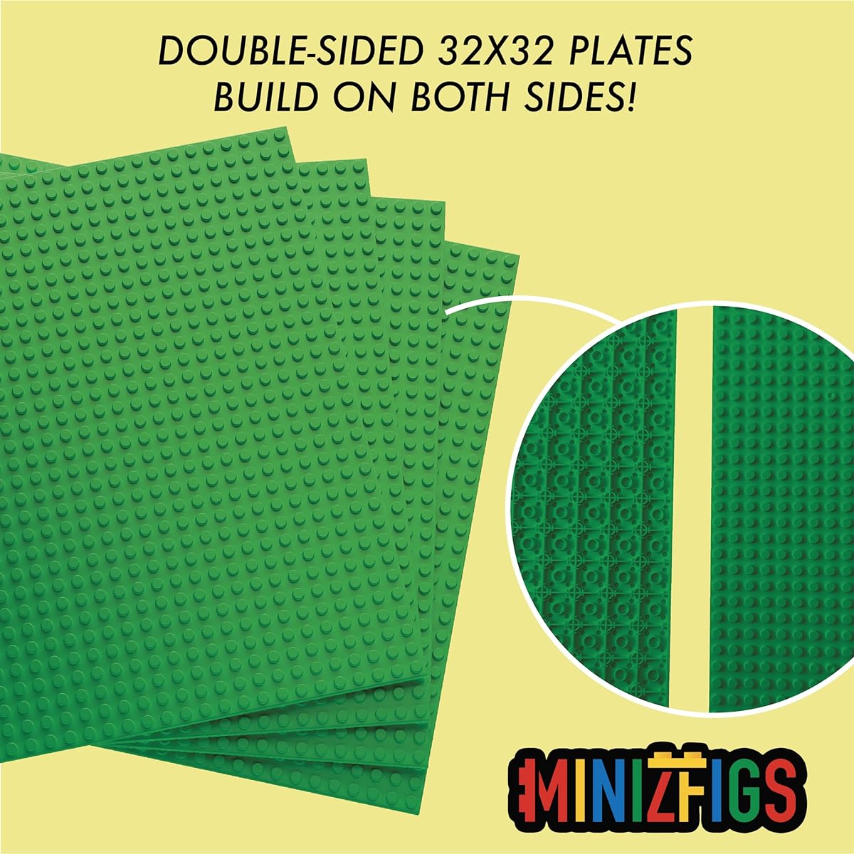 Minizfigs Classic 32 x 32 (10" x 10") 2-Sided Building Brick Plates - Multipack 4 Pack for Toy Bricks Classroom Display Tables - Fits All Major Brands (Green)