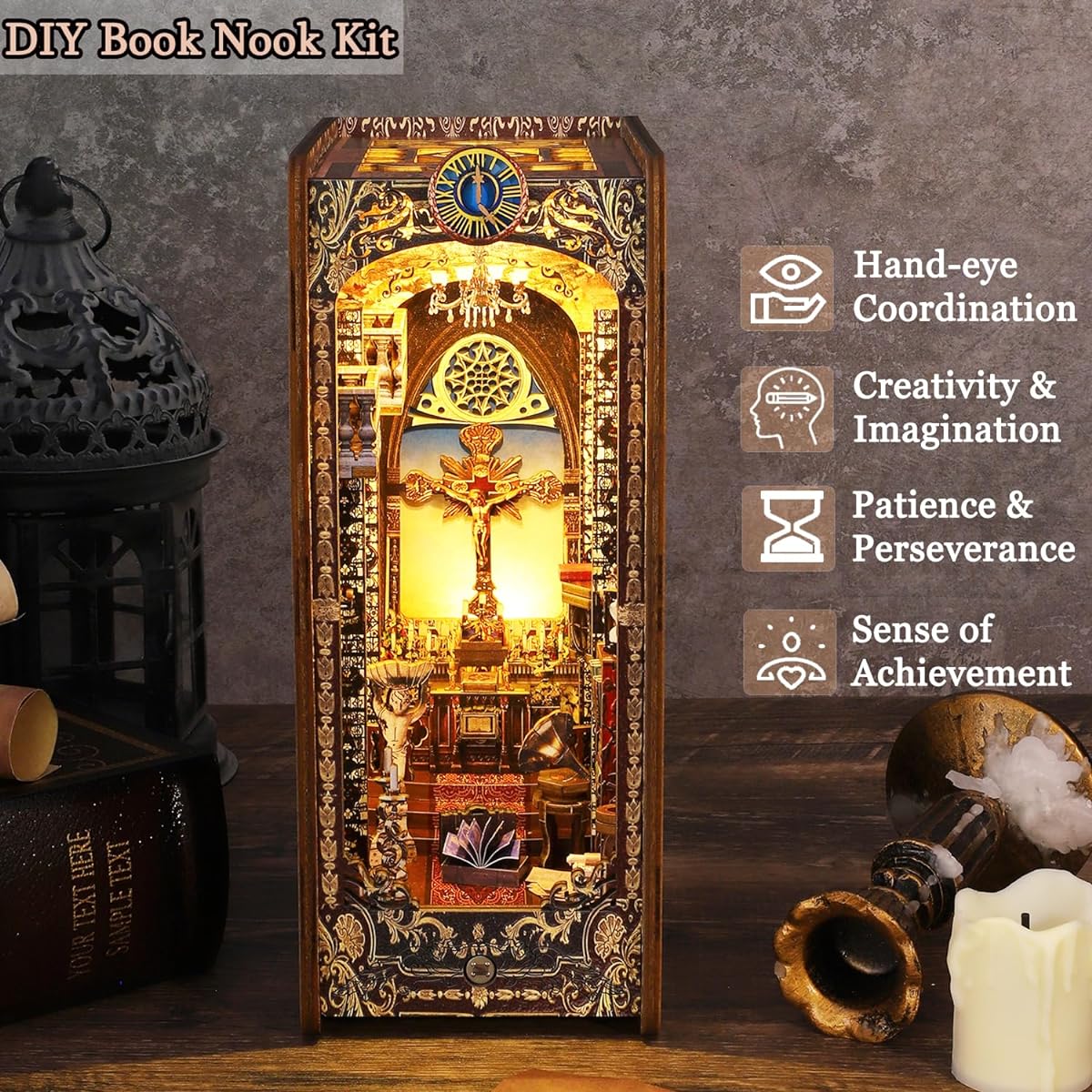 TuKIIE DIY Book Nook Miniature Kit Book Nook Dollhouse Bookshelf Insert Sensor Light & Music Movement Decorative Bookend Stand Model Kit for Kids Teens Adults (Church of the Covenant)