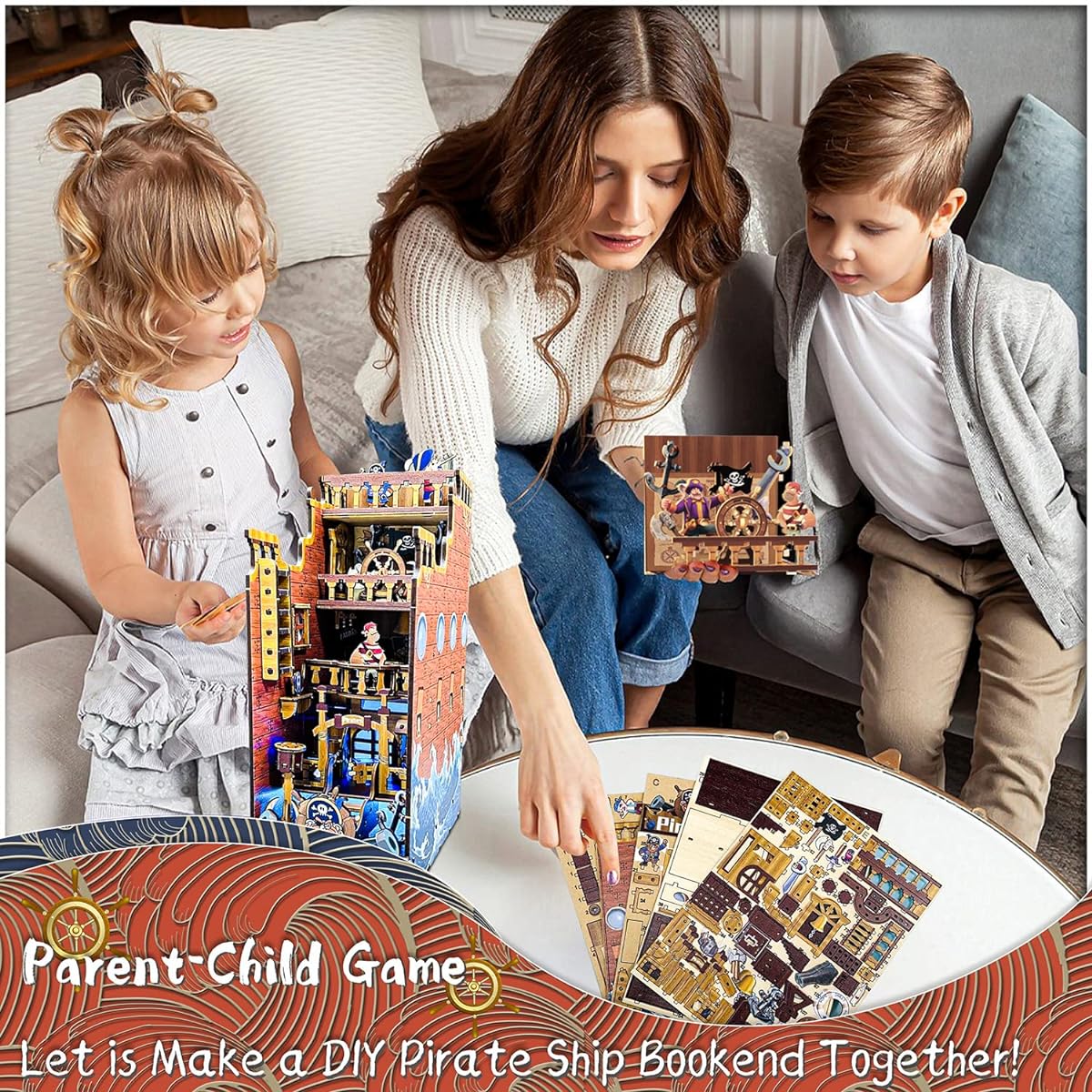 DIY Book Nook Kit Dollhouse Book Nook Bookshelf Insert Decoration Book Nook Miniature Kit with LED Light DIY Wooden Bookend Model Assembly - Creativity Kit for Adult Kids (Pirate)
