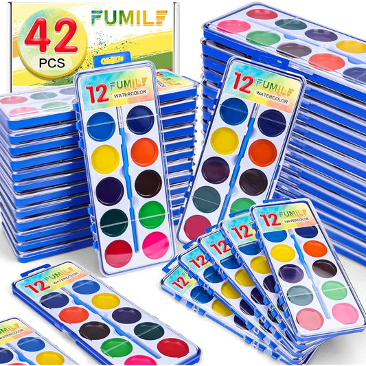42pcs Watercolor Paints for Kids, 12 Colors Bulk Pack, 42pcs Watercolor Paints with Paint Brushes, Watercolor Paint Set for Kids, Birthday Party Favors, Classroom Activities, Art Class