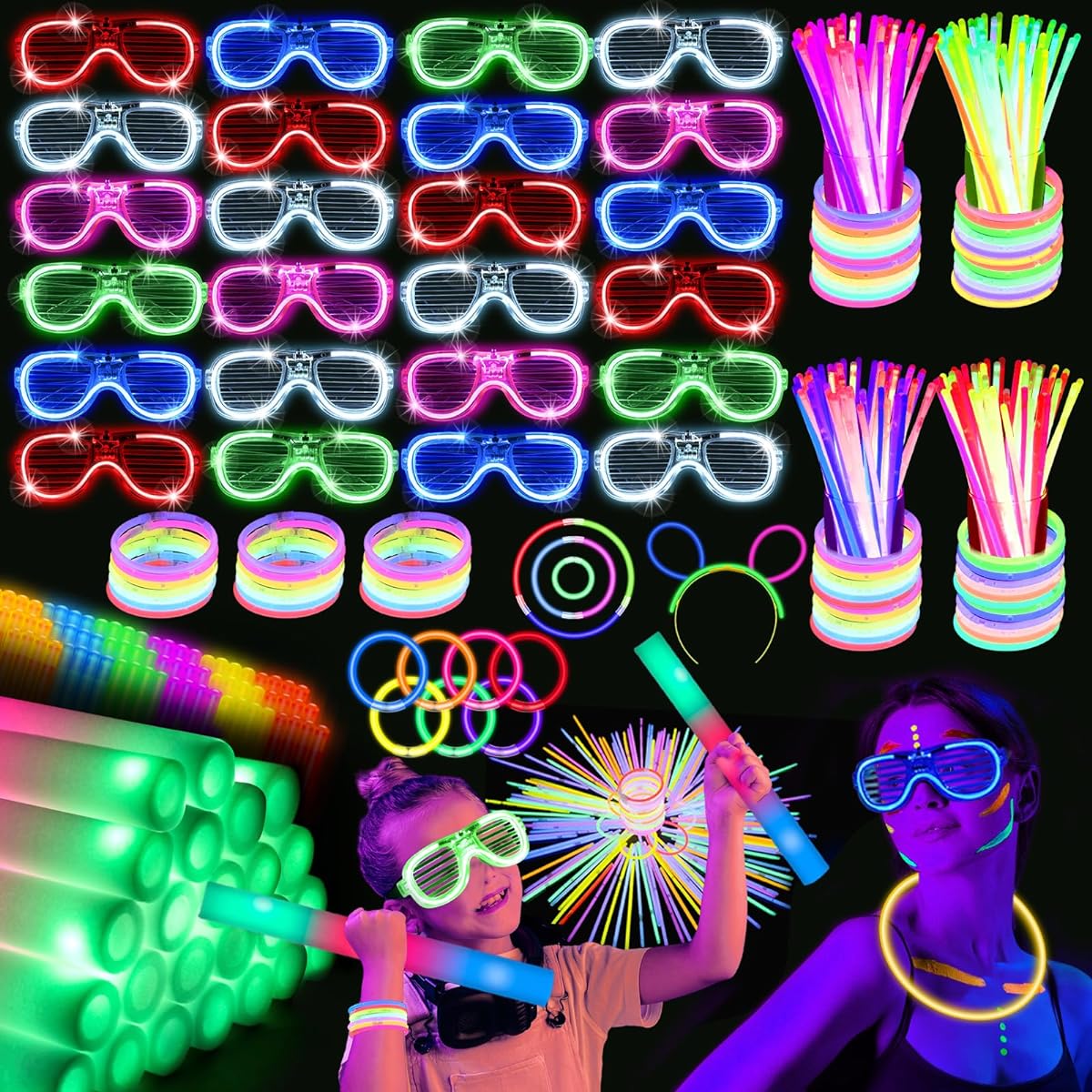 SHQDD Glow in the Dark Party Supplies, 24pcs Foam Glow Sticks, 24pcs LED Glasses, 200pcs Glow Stick Bracelets, Neon Party Favors for Glow Parties, Weddings, Concerts, Raves, Birthdays