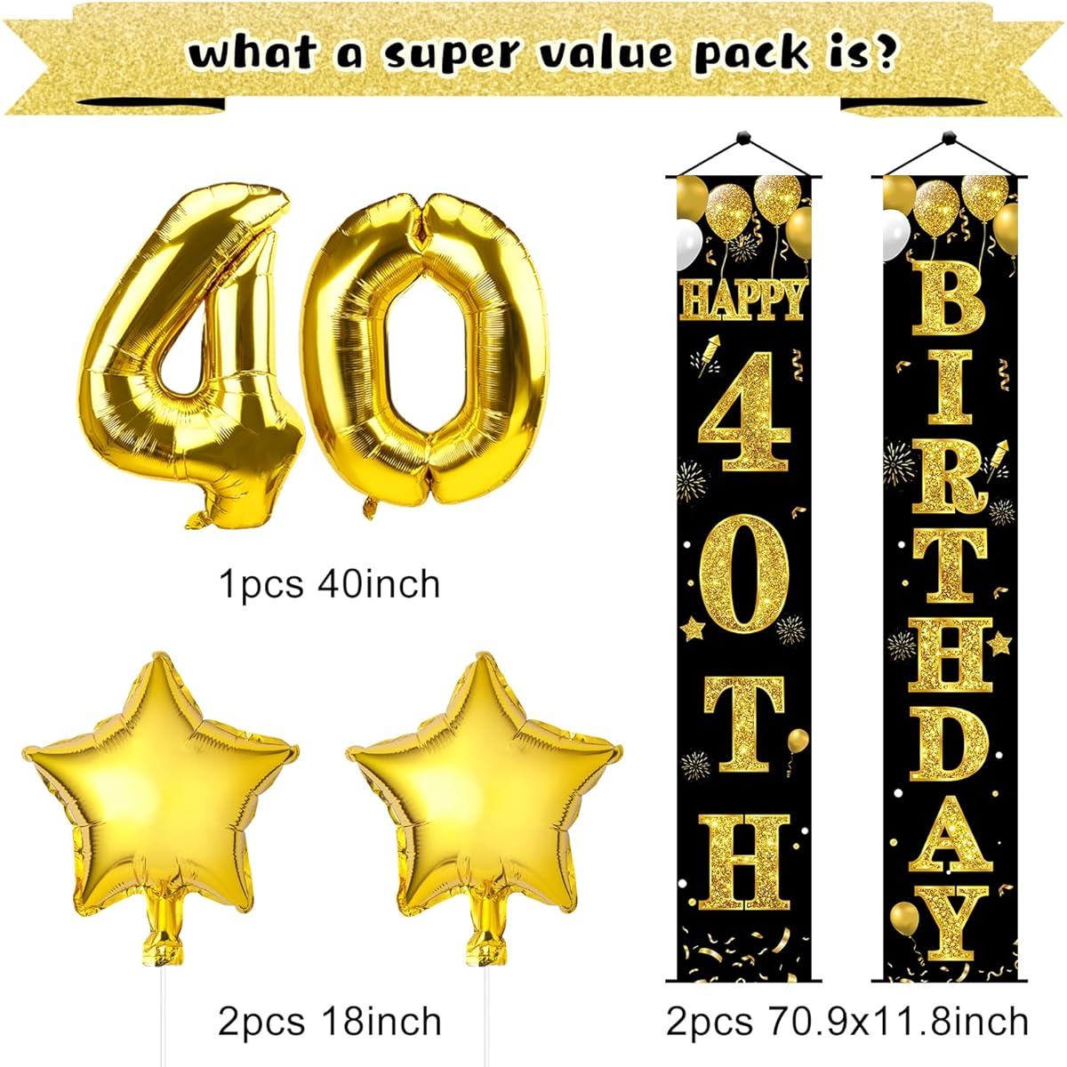 40th Birthday Decorations Banner Kit for Men and Women, 31pcs Black Gold 40th Birthday Banner Balloons Hanging Swirls Set Party Supplies