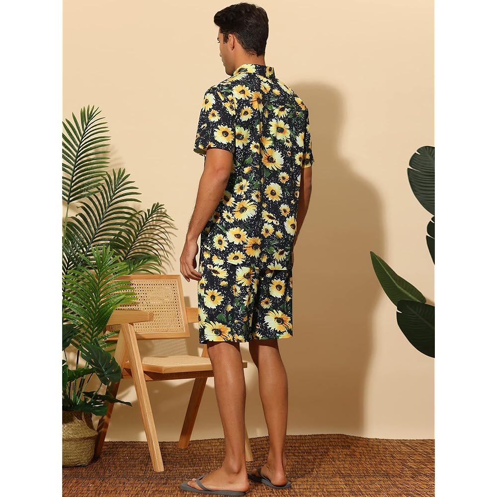 [Lars Amadeus] Summer Shirt Shorts Sportswear Short Sleeve Floral Lemon Heart Print Hawaiian Coordination 2 Piece Set Holiday Men's