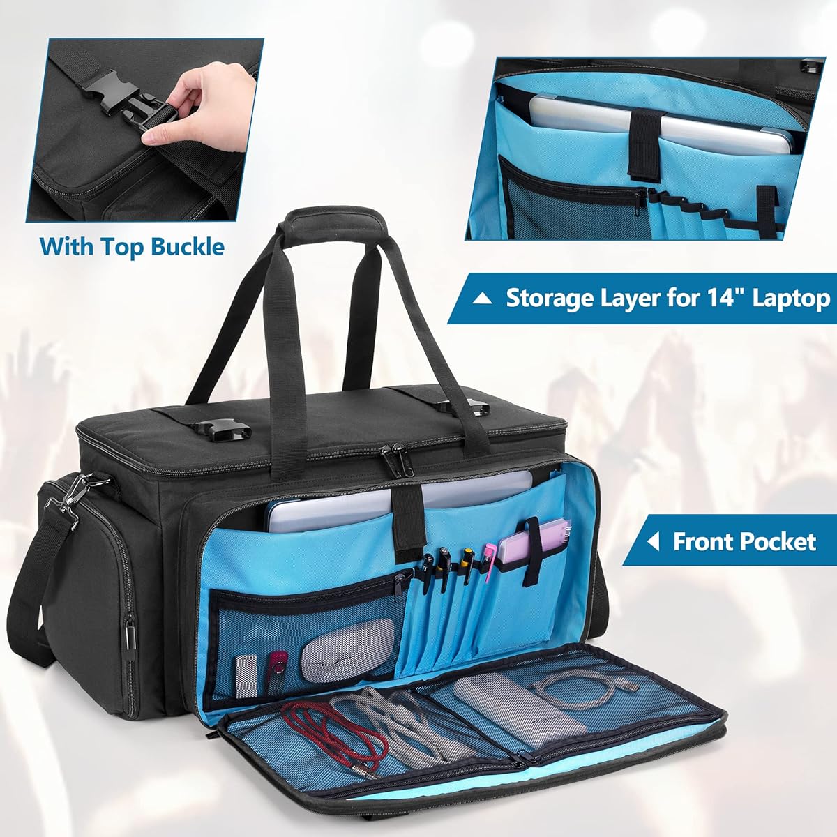 HODRANT Large DJ Gig Bag Travel DJ Cable File Case with Padded Bottom & Removable Divider DJ Gear Storage Organizer for Microphone, 14" Laptop, Sound Equipment & Instruments, Black Bag Only