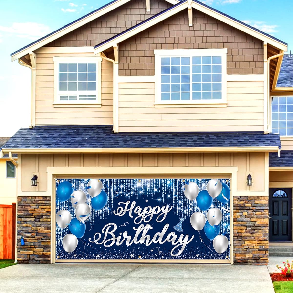Navy Blue Birthday Garage Door Banner Decoration 6x13ft Blue Silver Happy Birthday Garage Door Cover Backdrop Unisex Boys Girls Birthday Party Indoor Outdoor Large Garden Fence Banner Supplies