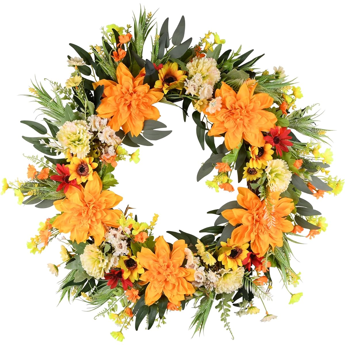 TechKen Spring/Summer Door Wreath, Dahlia Wreath, Blossom Yellow & Orange Farm Wreath, Grape Vine, Front Door, Wall, Window Wreath, 22.8-24.8 inches