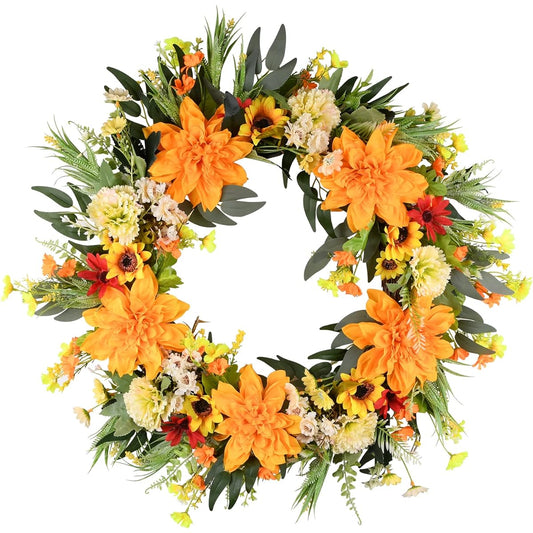 TechKen Spring/Summer Door Wreath, Dahlia Wreath, Blossom Yellow & Orange Farm Wreath, Grape Vine, Front Door, Wall, Window Wreath, 22.8-24.8 inches