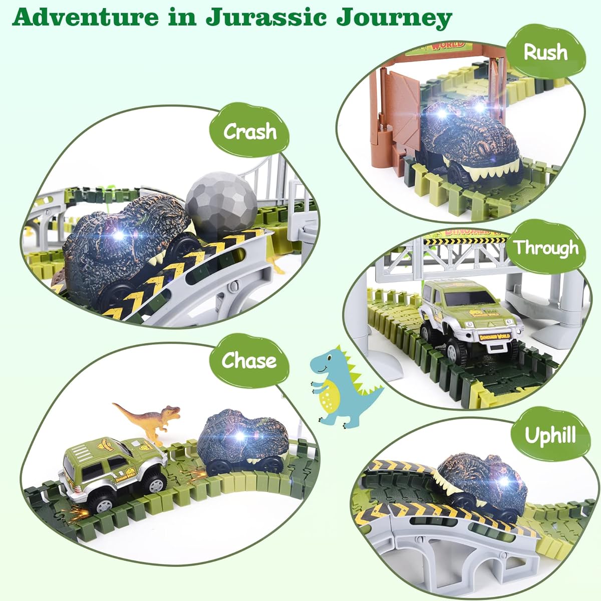 [Upgraded] Dinosaur Toys, Dinosaur Race Car Track Toys for 3 4 5 6 Year & Up Old Boys Girls, Dinosaur Track Train Set with 201pcs Flexible Tracks and 2 Race Cars for Kids Christmas Birthday Gifts