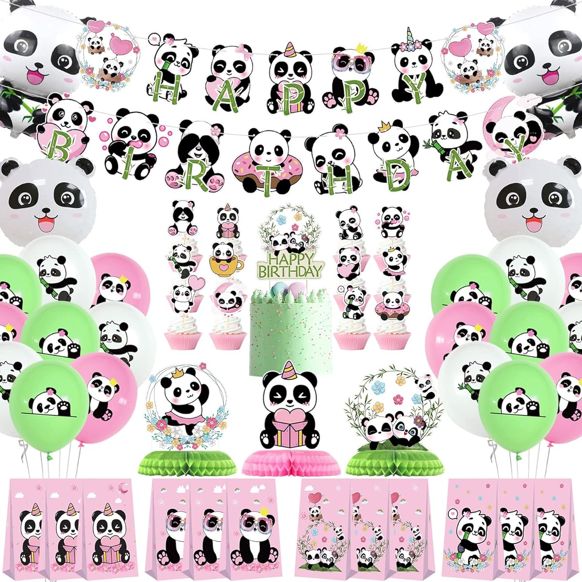 KEFAN Panda Birthday Party Decoration Cute Cartoon Panda Birthday Party Supplies HAPPY BIRTHDAY Banner Cake Topper Table Centerpiece Candy Bag Balloon Foil Balloon for Girl Birthday Party Baby Shower