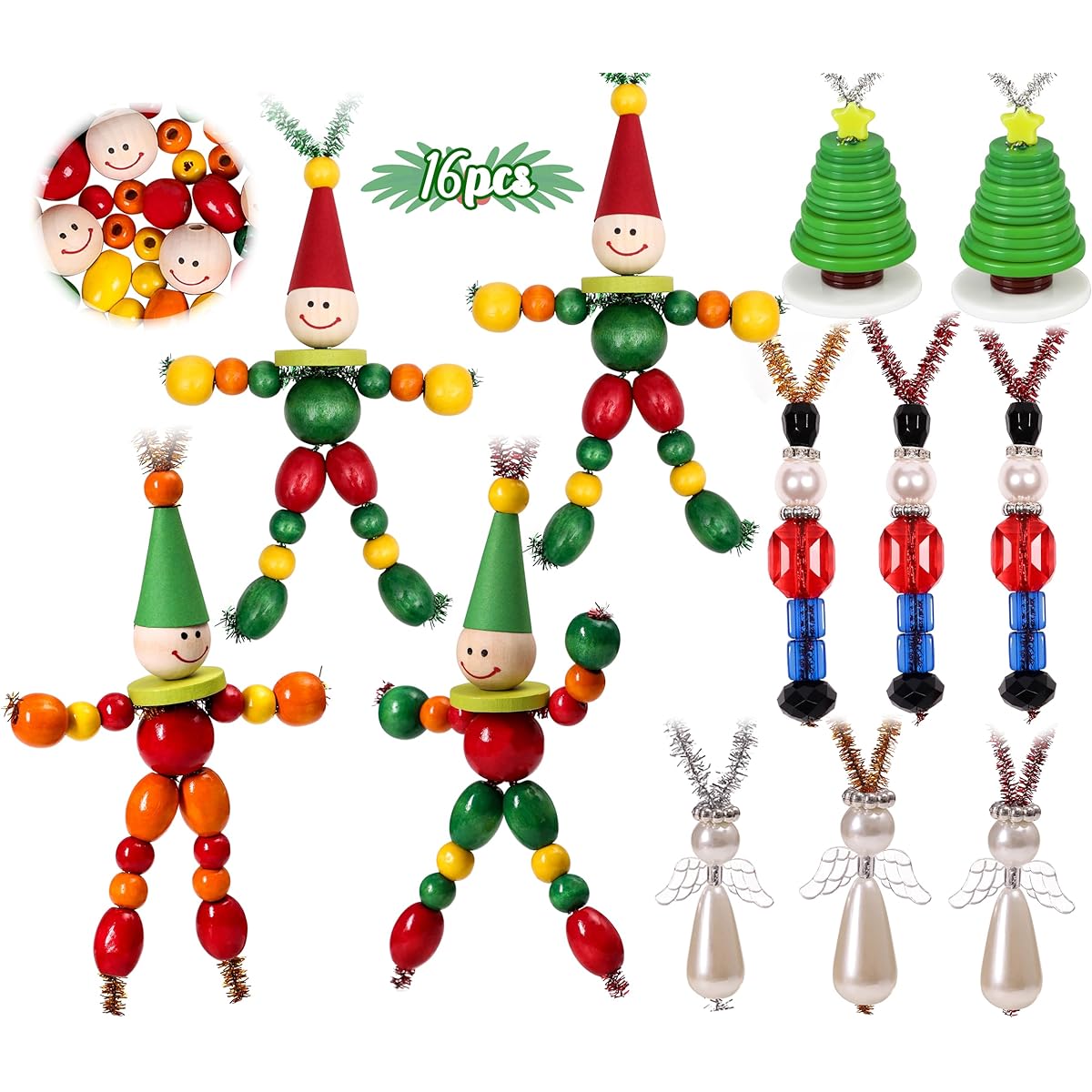 Tieshankao 16PCS Christmas Crafts for Kids - DIY Beaded Ornaments Kit Including Nutcracker, Angel, Elf, Tree - Christmas Holiday Toys Gifts Stocking Stuffers Ornaments Party Decorations Supplies (Assembly Required)