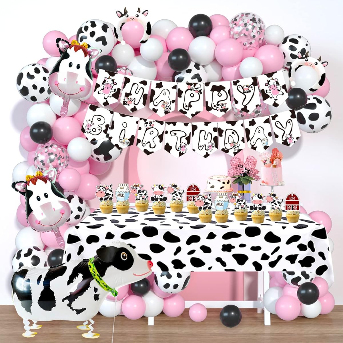 Cow Birthday Party Decorations Balloon Garland Kit Cowgirl Cow Print Banner Tablecloth Cupcake Toppers Light Pink White Black Balloons Walking Cow Foil Balloon Arch Set Baby Shower Farm Animal Party Supplies