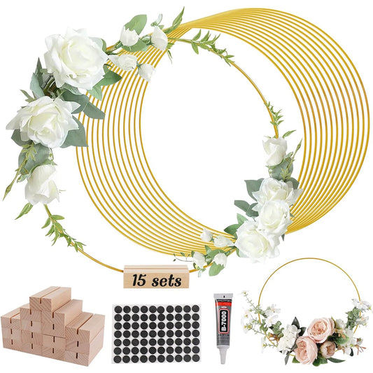 15 Pieces Metal Floral Hoop Wreath Centerpiece Table Decoration with Place Card Holder Gold Craft Hoop Ring DIY Wedding Decoration Wall Hanging Craft for Dreamcatcher (12 Inch)