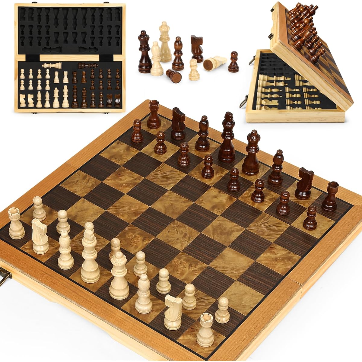 Hurdaos Magnetic Chess Set Wood for Adults 15 Inch Foldable Portable Chess Board Chess Pieces Storage Box Chess Set for Kids Ages 8-12 with 2 Extra Queens