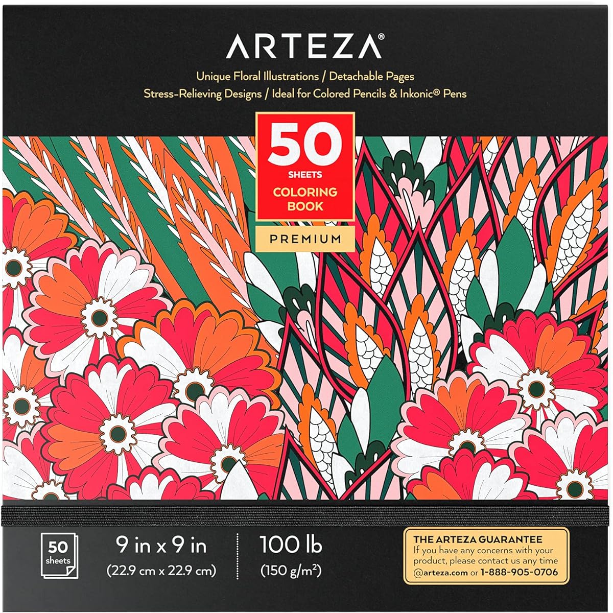 Arteza Adult Coloring Book, 9 x 9 Inch, Floral Design, Stress Relief Coloring Book, 50 Single-Sided Images, Art Supplies for Relaxation, Reflection, and Decompression