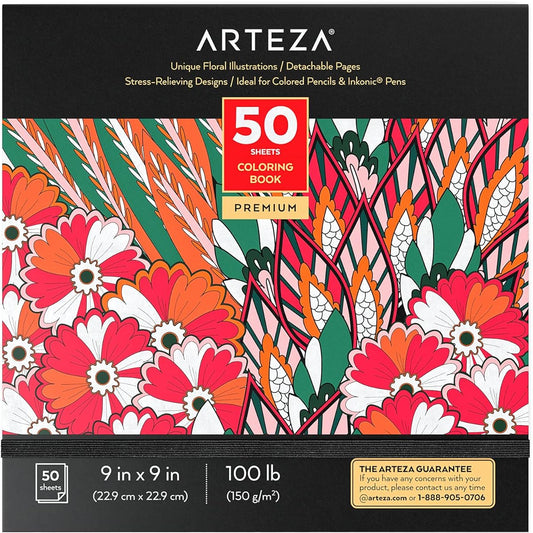 Arteza Adult Coloring Book, 9 x 9 Inch, Floral Design, Stress Relief Coloring Book, 50 Single-Sided Images, Art Supplies for Relaxation, Reflection, and Decompression