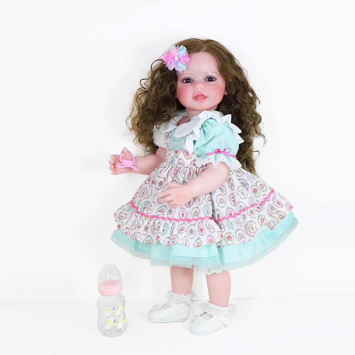 WAWA-HAOKEAI 22" Standing Reborn Toddler Doll with Smile Face, 3D Painted Skin, Visible Veins and Rooted Brown Hair, Full Vinyl Body (Green and White)