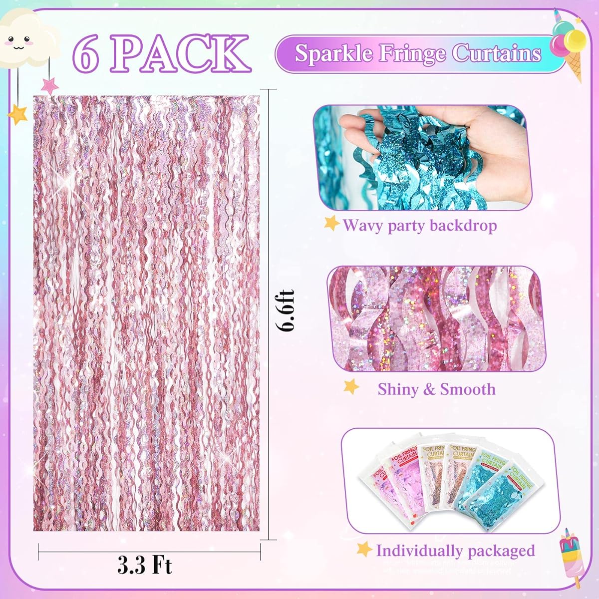 Jutom Foil Fringe Backdrop Party Fringe Curtains 3.3 x 6.6ft Tinsel Streamer Backdrop for Graduation/Nautical/Birthday/Wedding/Baby Shower Holidays(Light Purple, Light Pink, Blue Green)