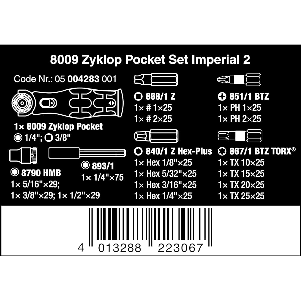 Wera 05004283001 | Ratchet Driver Zyklop Pocket 8009 Set Inch Size 2, 18 Piece Set [Regular Japanese Import]