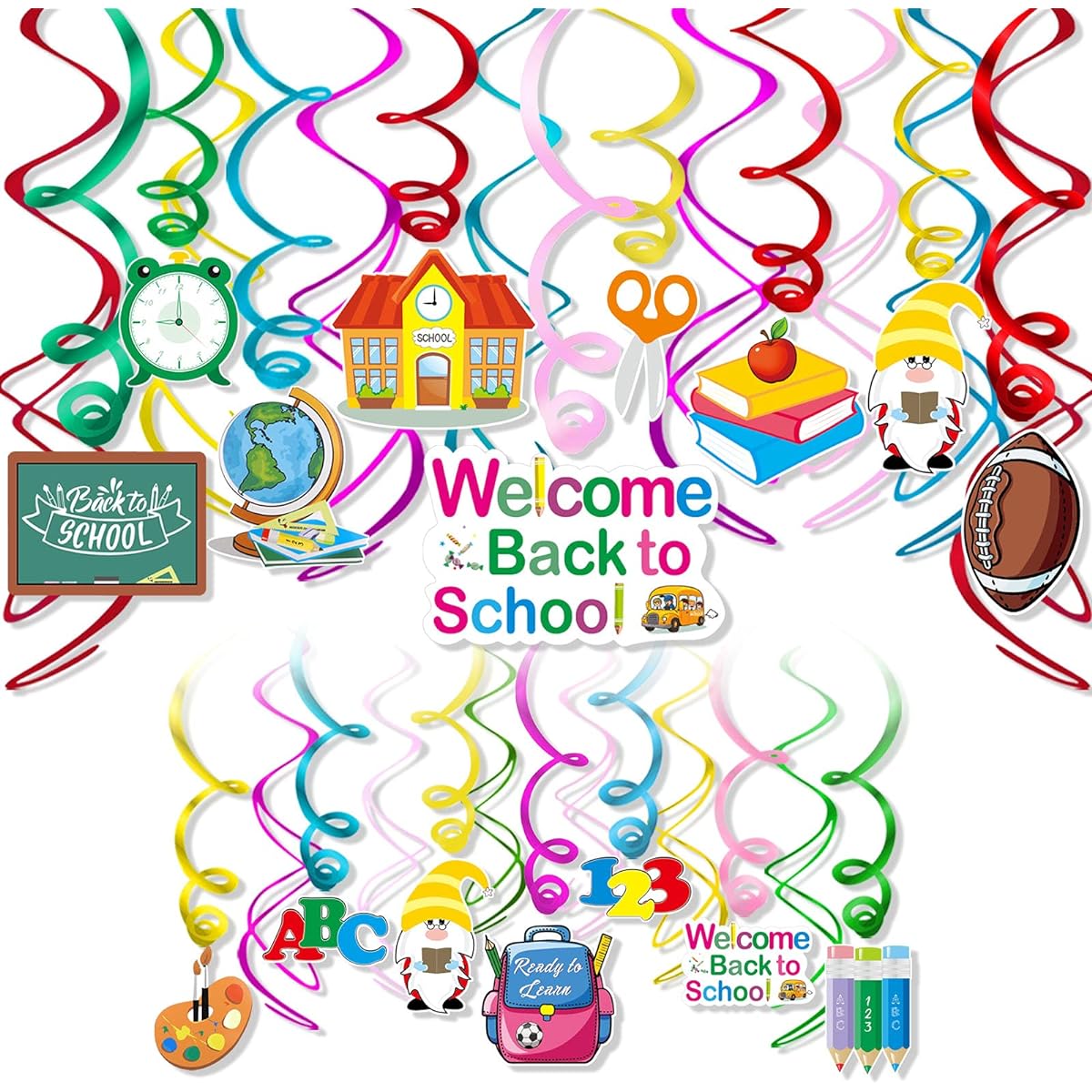 HOWAF Back to School Decorations Back to School Welcome Hanging Swirl Decorations 30 Pieces First Day of School Classroom Swirl Hanging Decorations - Back to School Party Decorations Supplies