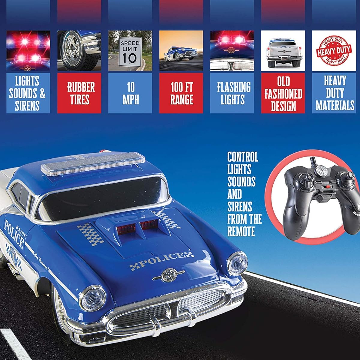 Top Race Remote Control Police Car with Lights and Siren | Police Car Toy for Kids | Easy to Control, Rubber Tires, Heavy Duty, Old Fashion Style