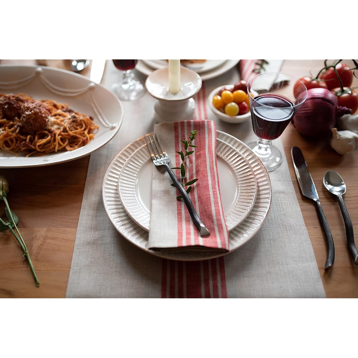 Solino Home Farmhouse Striped Linen Table Runner 36" - 100% Pure Linen 14" x 36" Table Runner in Red and Natural - Small Coffee Table Runner for Spring, Summer, Indoor and Outdoor Use