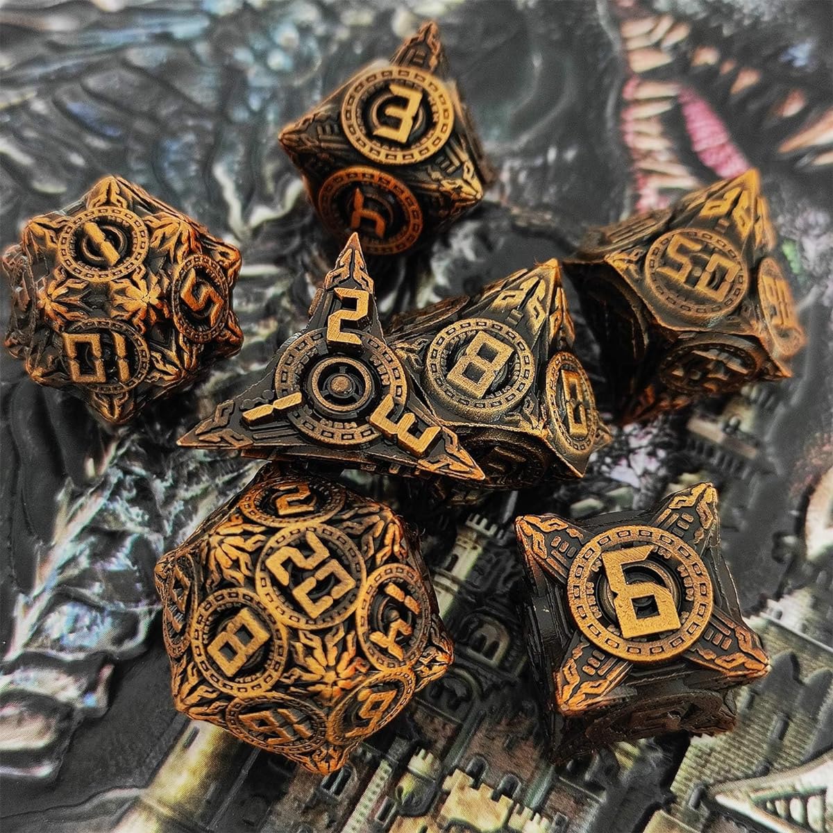 AHDKEJG Metal D&D DND Dice Set Dungeons and Dragons D20 Polyhedral Role Playing Dice 7pcs for RPG MTG D Pathfinder Board Game with Black Storage Bag Antique Gold