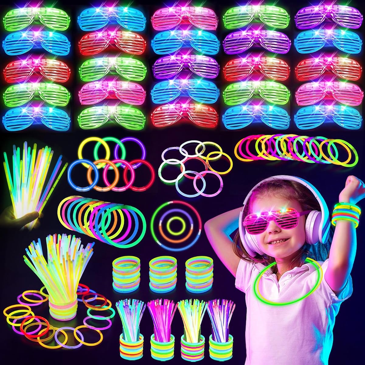 OLUPP Halloween Party Supplies Glow in the Dark Party Favors, 300pcs Glow Sticks Bulk + 25pcs LED Flashing Glasses + Party Accessories Decorations, Party Supplies for Kids and Adults, Neon Birthday Rave, 325pcs
