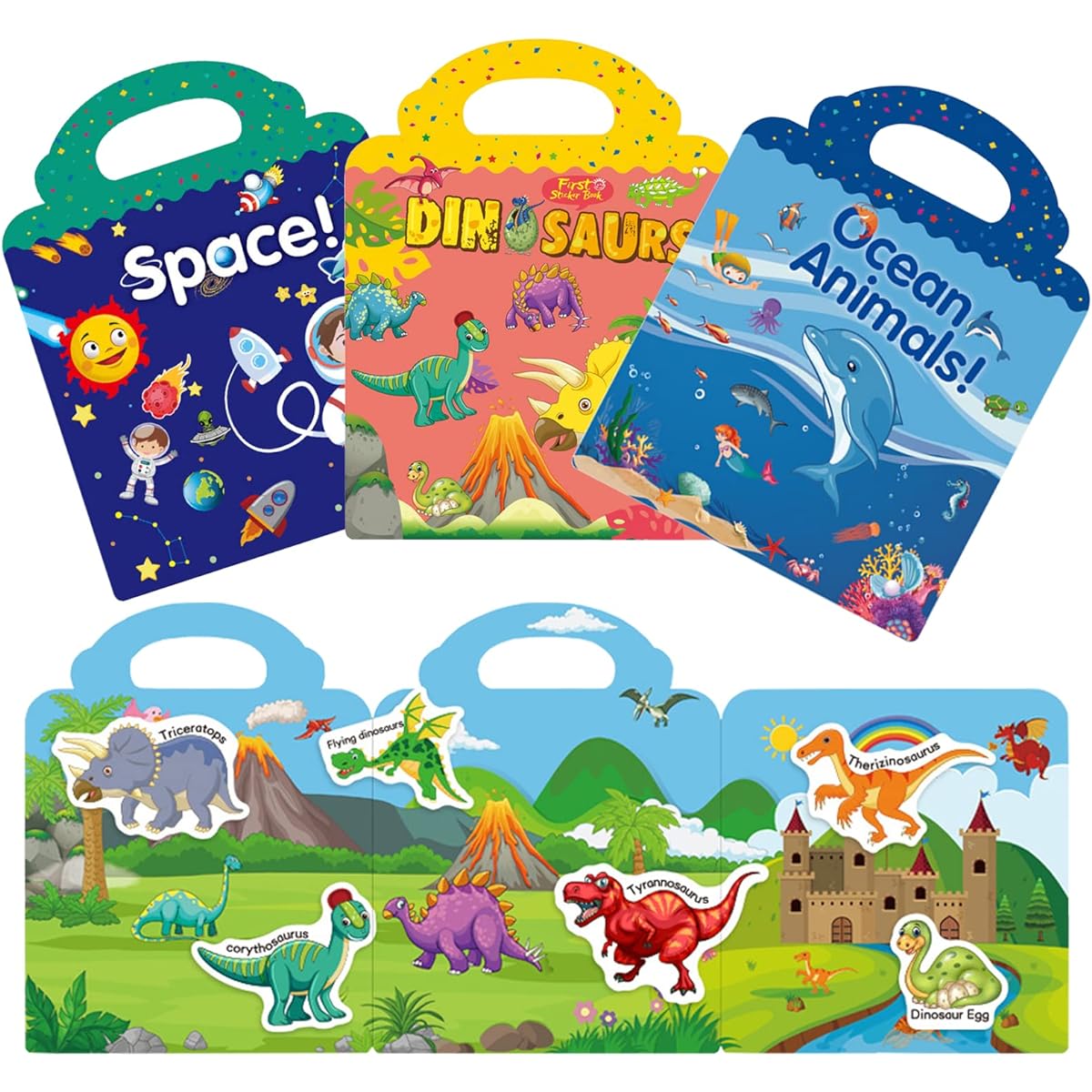 Sticker Book for Kids 2-4 Reusable Sticker Book 1-3 Years Dinosaur Sea Animals Space Stickers Activity Book Stickers for Kids Educational Learning Toys for Boys Girls Birthday Gifts