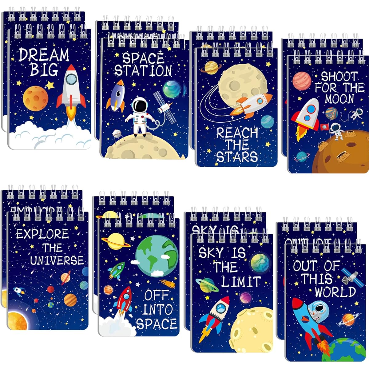 Space Mini Notebooks 16 Pack Kids Space Party Favors Galaxy Goodie Bags Solar System Astronaut Science Rocket Planets Small Spiral Pocket Notepads for Boys Girls Space Theme Birthday Party Supplies