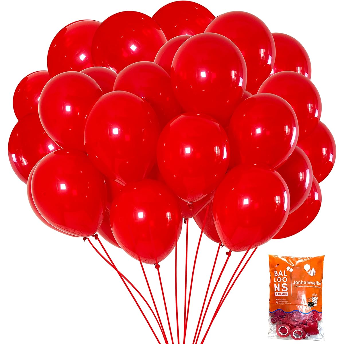 Jonhamwelbor Party Balloons, 12 Inch Red Latex Balloons, Pack of 70 for Wedding, Kids, Birthday, Valentine's Party Decorations with Red Ribbon